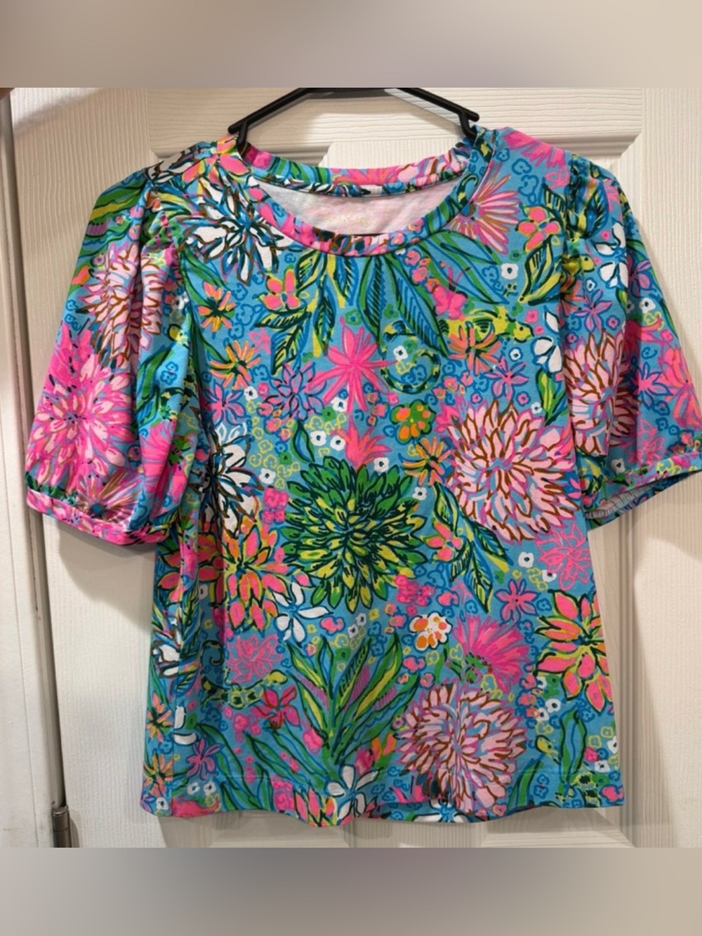 Lilly Pulitzer Floral Puff Sleeve Top - Blue/Pink Small